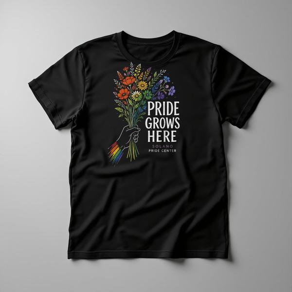 Pride Grows Here design on a black T-shirt